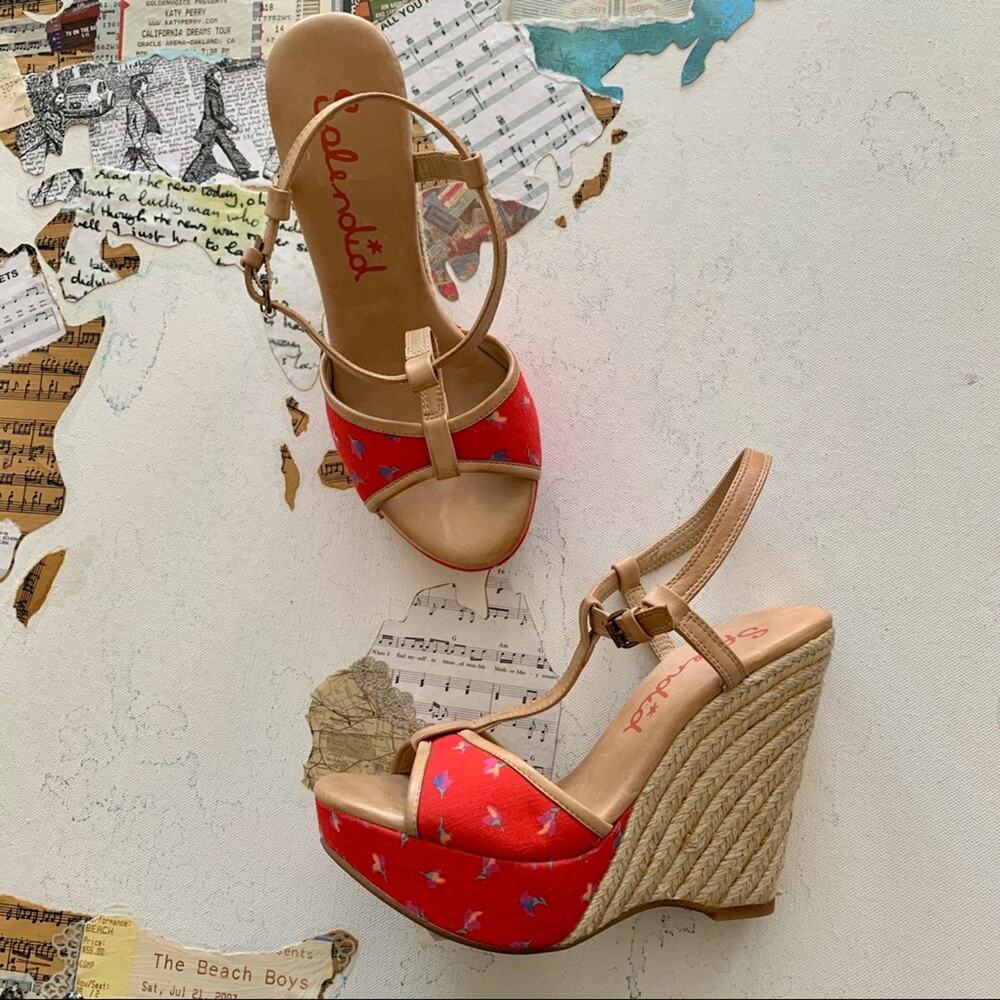 Splendid Luau Fiesta Red Floral Y2K Espadrille Wedge Sandals Women's Size 6
